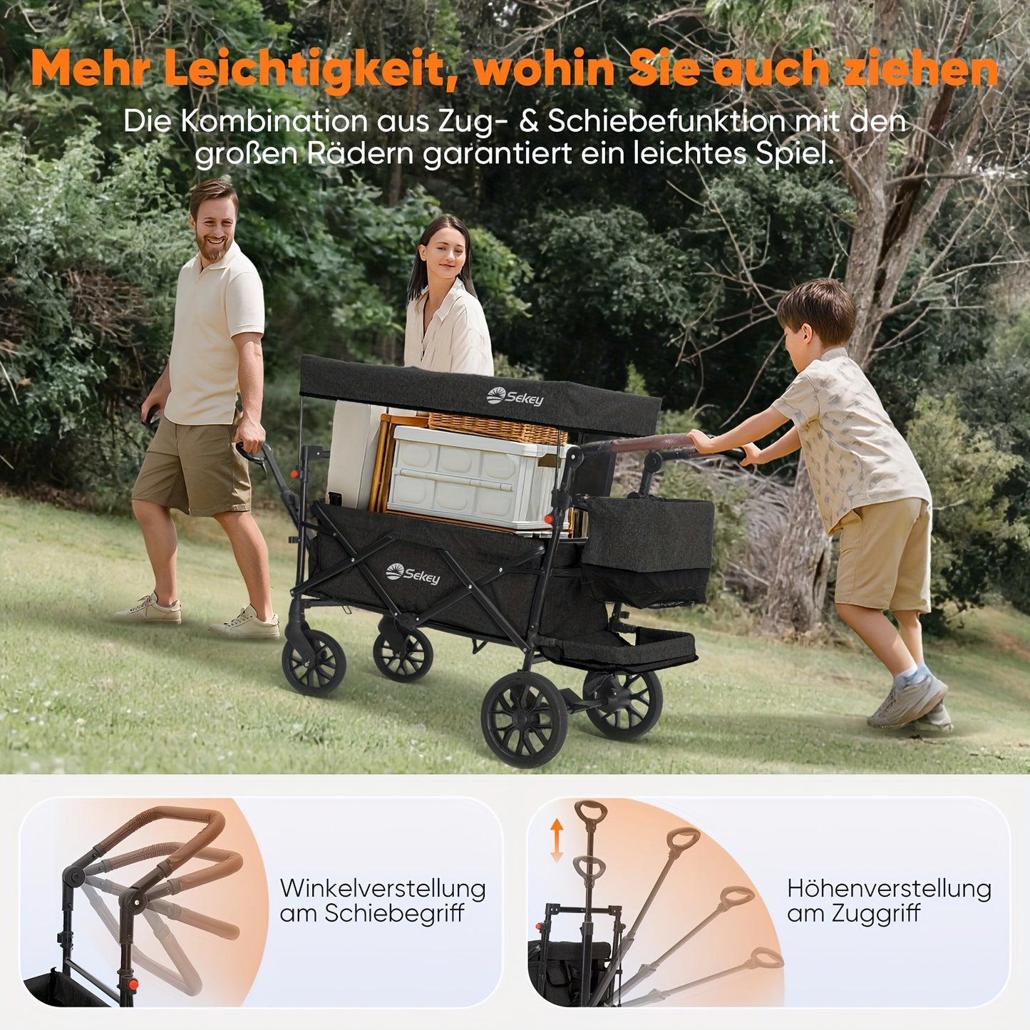 Opvouwbare Handwagen – Vouwwagen – Bolderkar – Transportkar – Trolley – XXL PU-wielen 24/20 cm – Schokabsorberende Vering & Comfortabele Gevoerde Zitting – Zwart