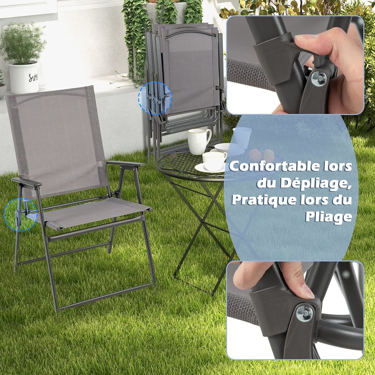 Tuinstoelen Set – Inklapbare Stoelen – Balkonstoelen – Campingstoelen – Tuinmeubilair – Stevig Metalen Frame – Hoge Rugleuning