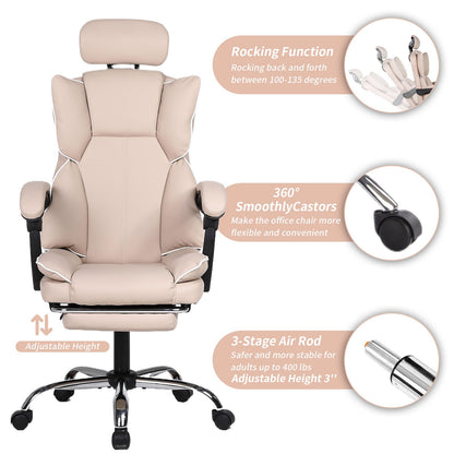 Bureaustoel – Werkstoel – Gamestoel – Kantoorstoel – Bureaustoel Beige – Ergonomisch Met Voetensteun – 360° Draaibaar Met Zachte Kussen