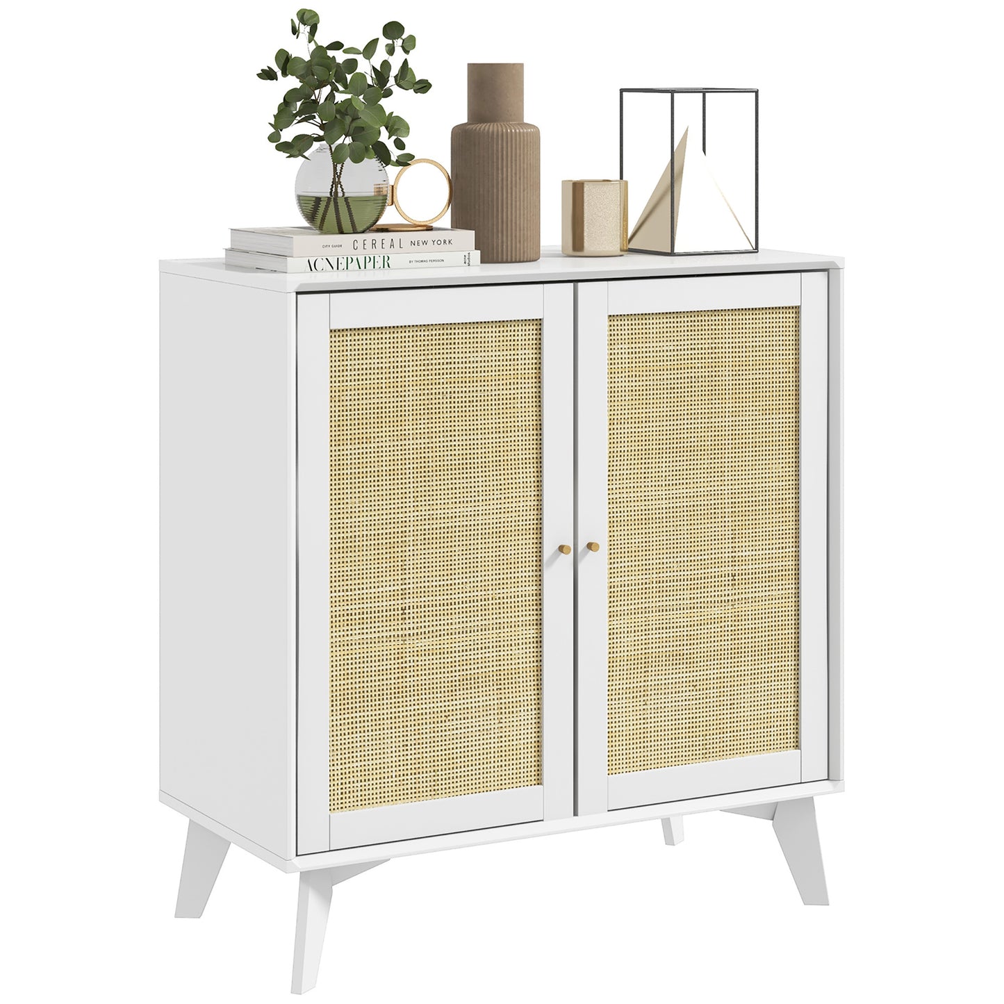 Dressoir – Buffet – Opbergkast – Ladekast – Sideboard – Wit met Rattan Front – Verstelbare Planken – Anti-Kantel Beveiliging