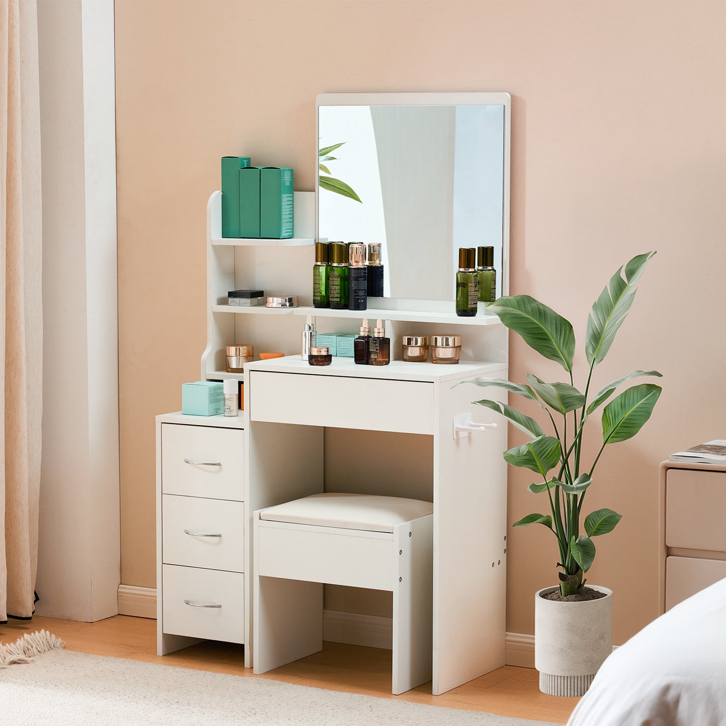 Kaptafel – Make-up Tafel – Dressing Table – Schminktisch – Vanity Table – Wit – 4 Laden Opbergruimte – Ingebouwde Föhnhouder