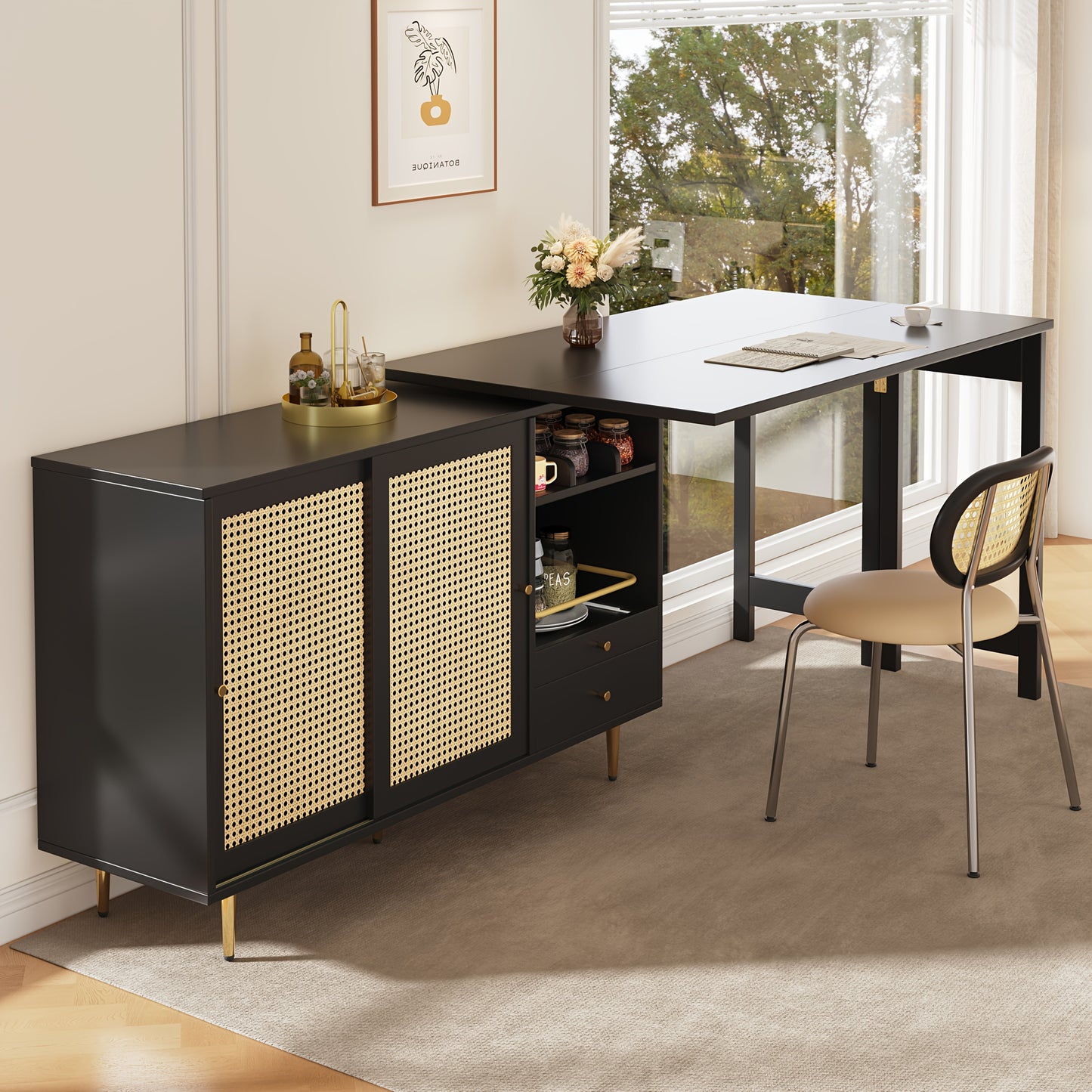Bartafel – Statafel – Barmeubel – Bistrotafel – Keukentafel – 360° Draaibaar Tafelblad – Met Opbergruimte en Rattan Deur – Zwart Metaal