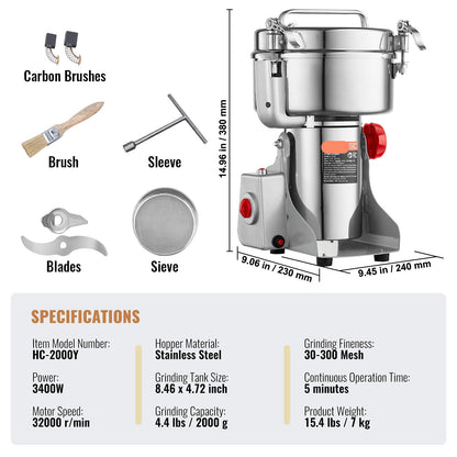 Elektrische Kruidenmolen – Graanmolen – Specerijenmolen – Koffiemolen – Maalmachine – 2000g Capaciteit – 3600W Krachtige Motor