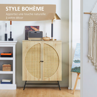 HOMCOM Storage Cabinet Buffet High Wooden And Wicker Design 2 Doors - 80 X 39 X 101.8 Cm Natural