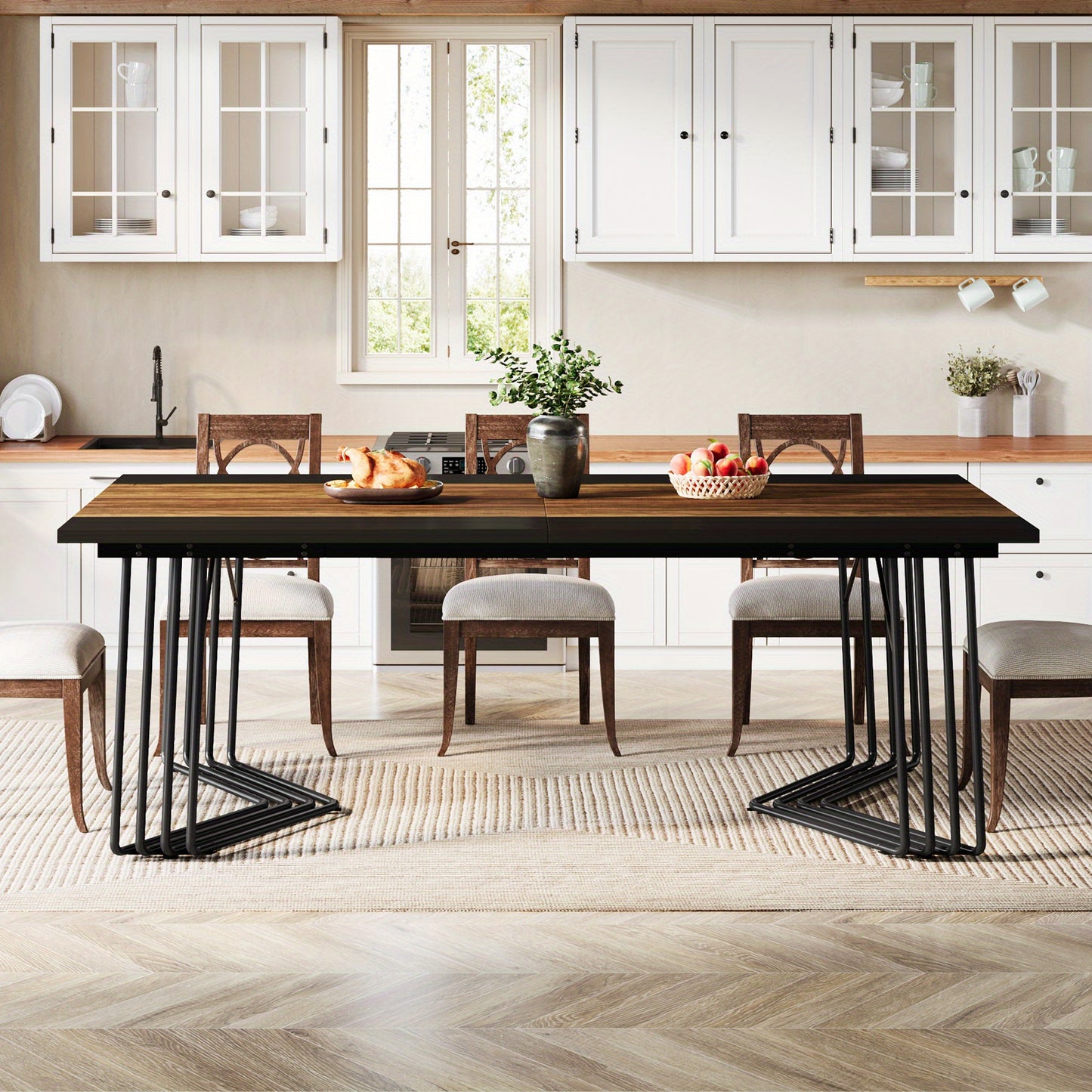 Eetkamertafel – Tafel – Eettafel – Dinertafel – Familietafel – Rustiek Bruin & Zwart – 78,74 Inch Breed – Geometrisch Metaal Onderstel