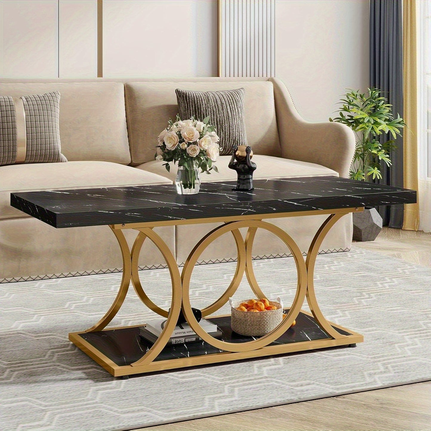 Salontafel – Koffietafel – Woonkamertafel – Bijzettafel – Theetafel – Modern Rechthoekig – 2-laags Opbergruimte – Zwart Marmerlook Tafelblad met Gouden Metalen Poten