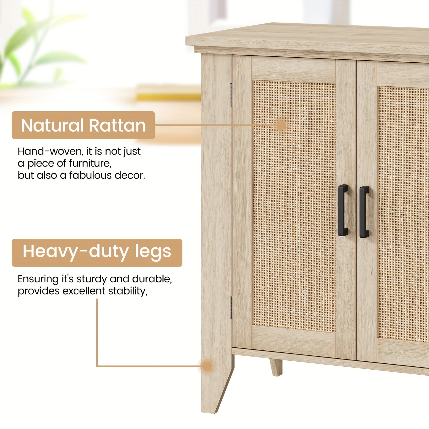 Dressoir – Buffetkast – Opbergkast – Ladekast – Woonkamerkast – Natuurlijk Rattan – Handgeweven Deuren – Stevige Constructie – Eenvoudige Montage