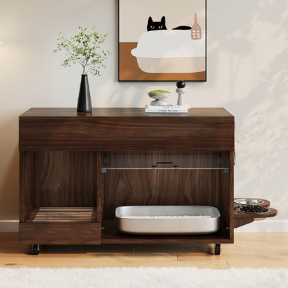 Portable Cat Litter Cabinet with Cat Food Tray & Odor-Control System - 4-Wheel Mobile Storage Unit, Perforated Plate & Sand Collection Tray, Space-Saving Design for Cats (Compatible with Litter Boxes, Litter Box Not Included)
