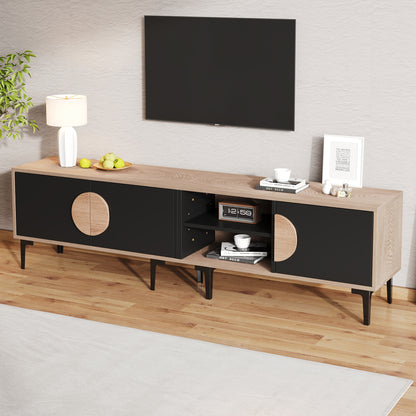 Modern TV Stand Compatible for 80-Inch TVs - Low Profile Media Console with 2 Cupboards & Open Shelves, Heavy-Duty Metal Frame, Assembly, Living Room Entertainment (180x35x49cm)