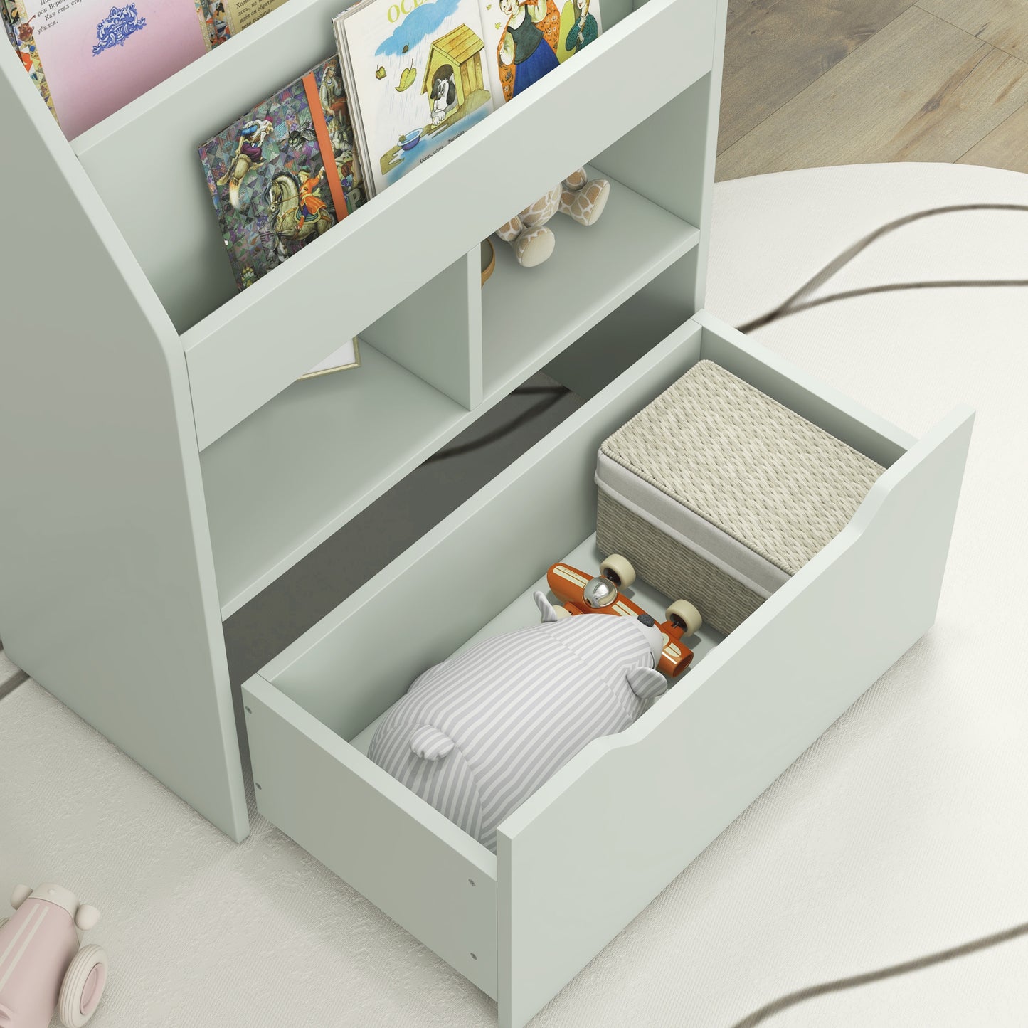 Boekenkast – Boekenrek – Opbergkast – Kastenmeubel – Kinderkast – Lichtgroen – MDF Materiaal – Multifunctionele Indeling met Lade op Wieltjes