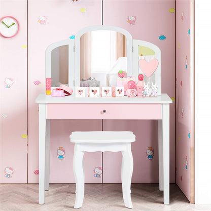 Makeup Tafeltje Kids – Make-up Tafel Kinderkaptafel – Speelmeubel Cosmetica – Prinsessen Kaptafel Meisjes – Triple Vouwspiegel – Inclusief Lade & Kruk – MDF Hout – Afneembare Spiegel