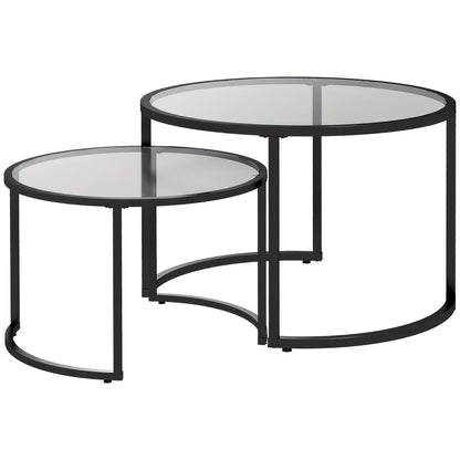 Salontafel Set – Bijzettafel – Side Table – Tafel – Lounge Tafel – Zwart Stalen Frame – Geharde Glazen Bladen – Deels Stapelbaar – Compact Formaat