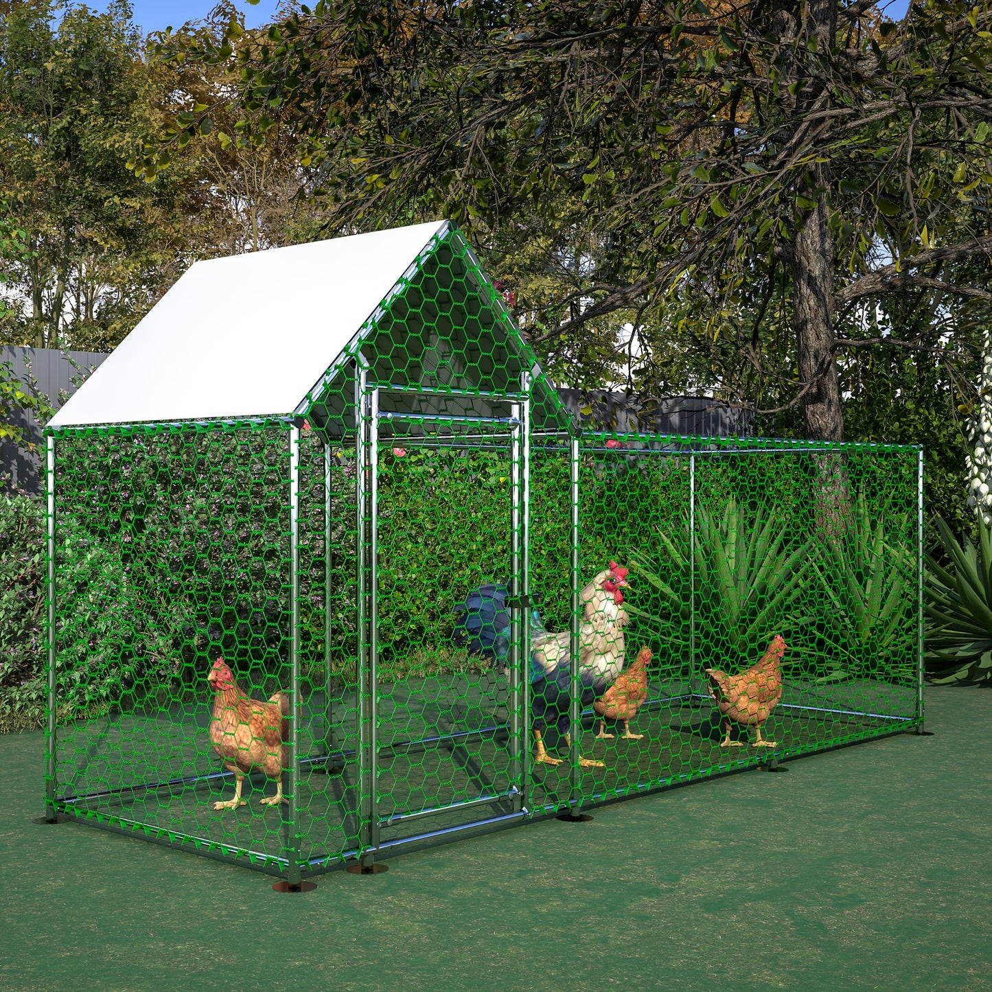 Kippenren – Kippenhok – Buitenren – Dierenren – Pluimveeverblijf – Stevig Metalen Frame – Waterbestendig PE-net – Ruim 3x1x1,5m – Veiligheidsslot