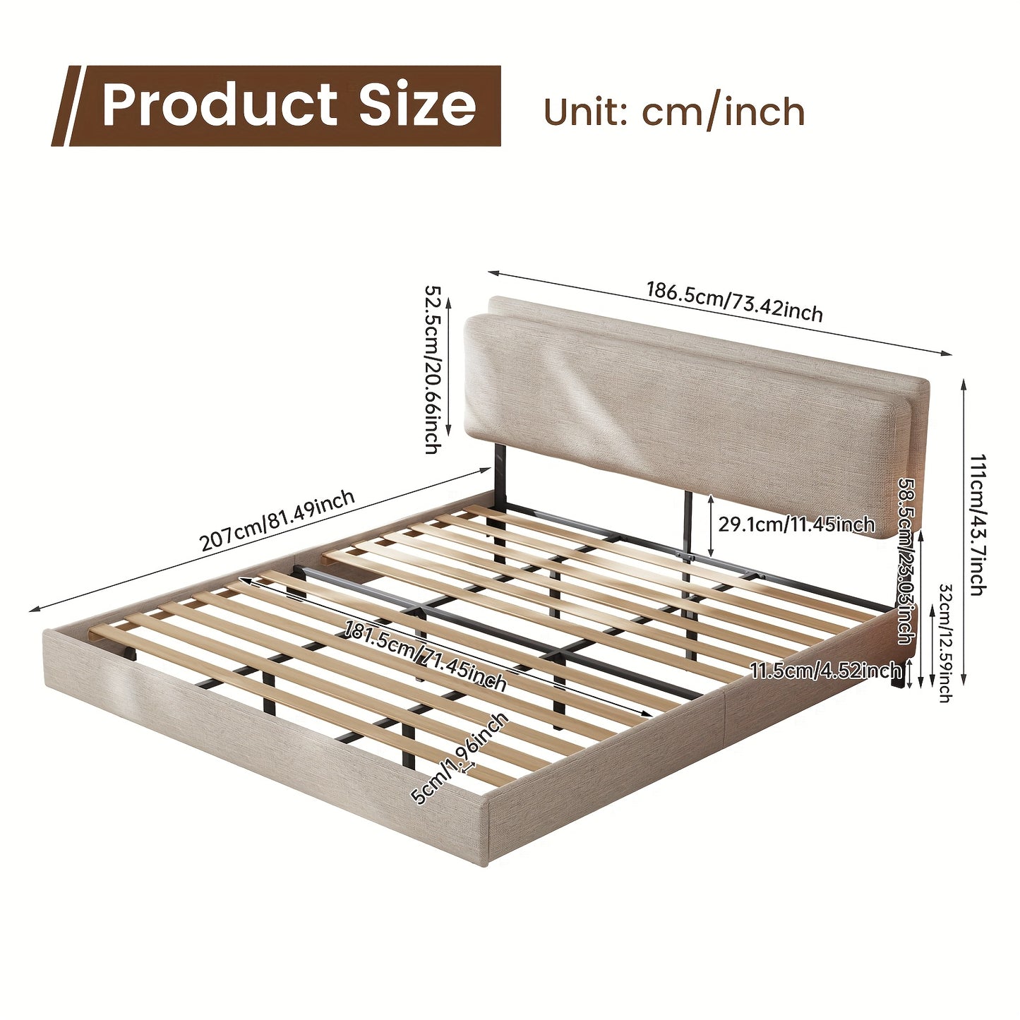 Bedframe – Bedbodem – Ledikant – Tweepersoonsbed – Slaapbank – 180x200 cm – Houtlook Met Metalen Poten – Geen Boxspring Nodig – Eenvoudige Montage – Beige Grijs