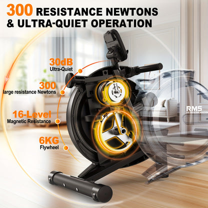 Quiet Magnetic Rowing Machine with 16-Level Adjustable Resistance - Foldable Home Gym Equipment, 150kg Weight Capacity, Magnetic Resistance System for Full-Body Workout, Cardio & Strength Training, Space-Saving Design, Batter