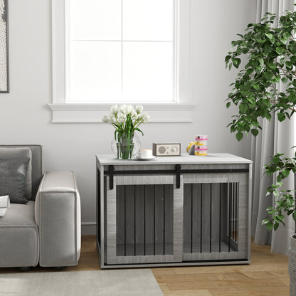 Hondenbench – Hondenkooi – Bench – Hondenhuisje – Hondenkennel – Opvouwbaar – Schuifdeur – Ventilatie – Spaanplaat & Staal – 98x58x61 cm – Grijs