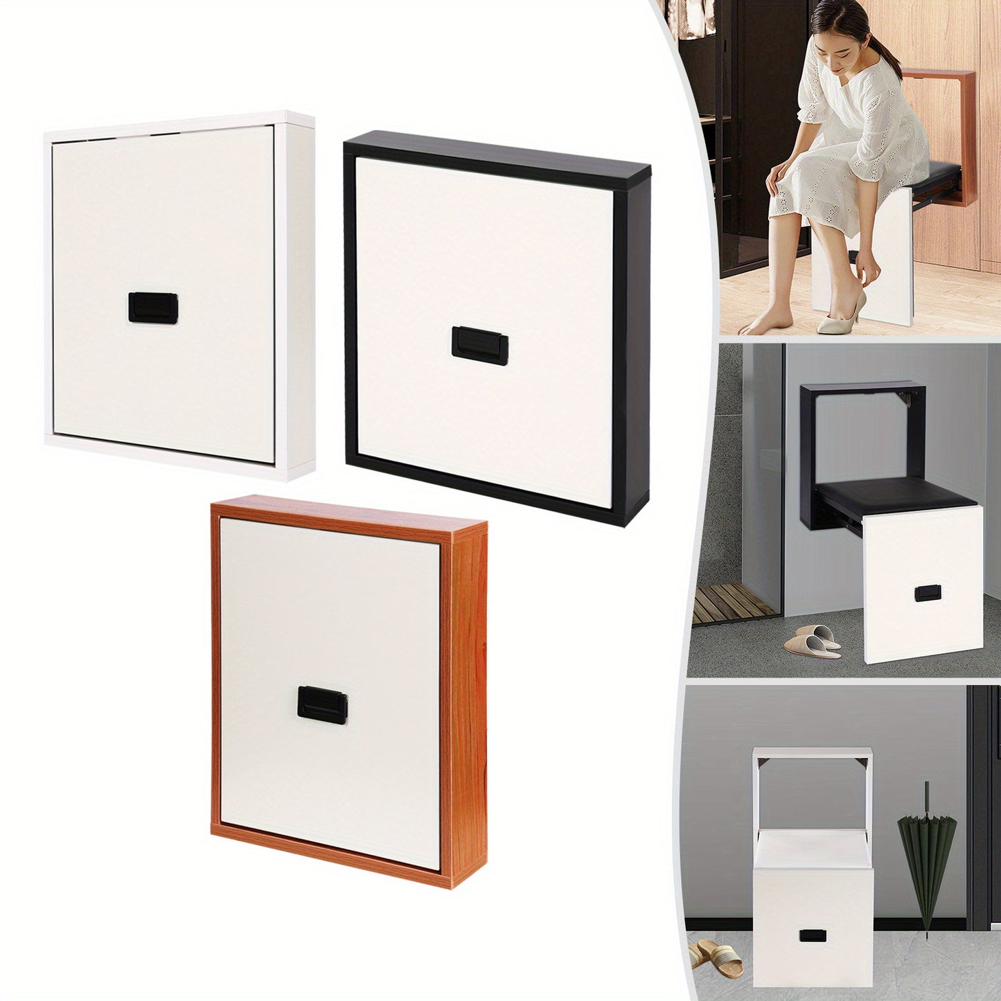 Kluizenkrukje – Inklapbare Wandkruk – Wandstoel – Schoenkrukje – Zitkrukje – Draagkracht 150 kg – Zitting Van Zacht PVC – Ruimtebesparend Design – Wit & Hout
