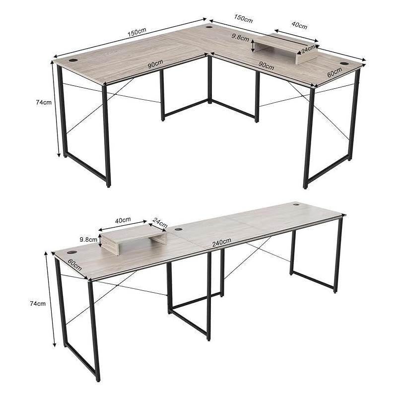 Hoekbureau – Bureau – Werkplek – Computertafel – Bureauhoek – Grijs – 150x150 cm – Robuust Metalen Frame – Ergonomische Monitorstandaard