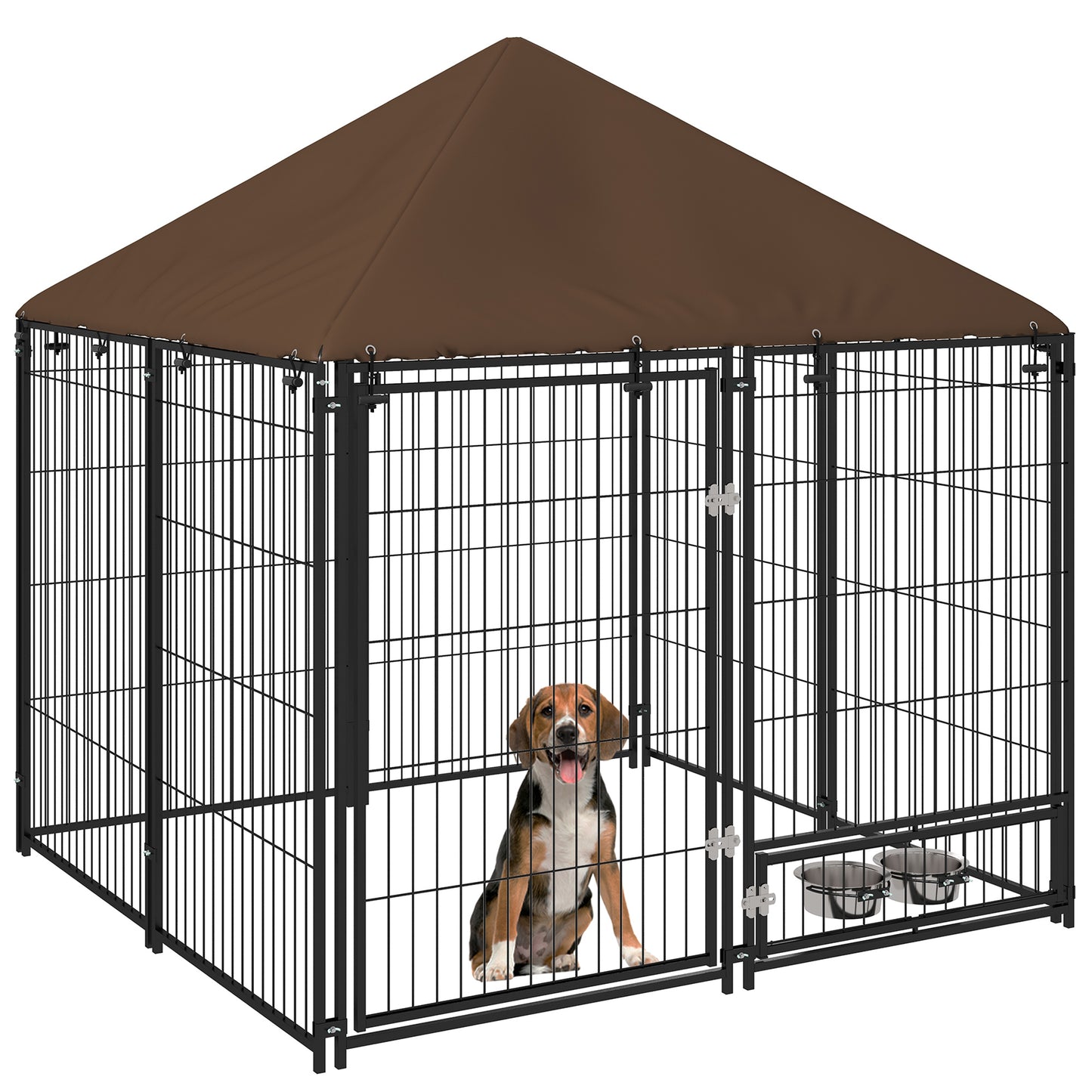 Hondenhok – Hondenren – Hondenkooi – Buitenhok – Hondenbench – Roestvrij Stalen Frame – Waterdicht Oxford Dak – 141x141x151 cm – Zwart