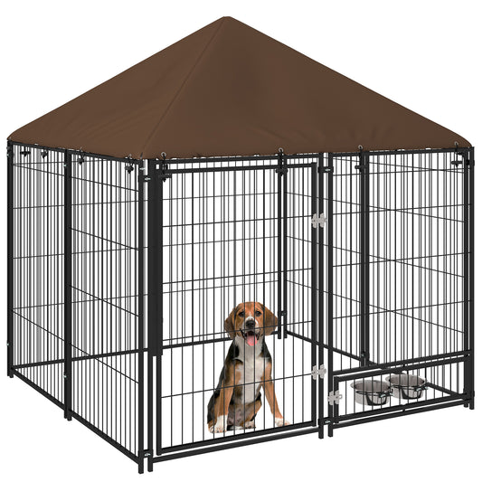 Hondenkennel – Hondenren – Hondenhok – Hondenkooi – Buitenkennel – Metalen Frame – Waterdicht Oxford Dak – 141x141x151 cm – Met Voerbakhouder
