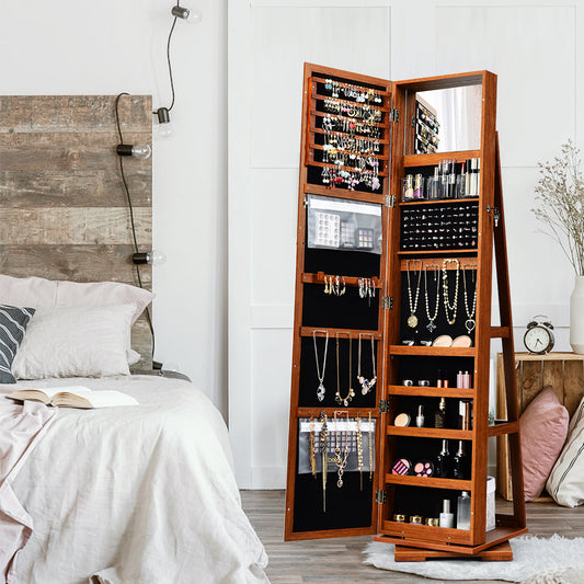 Sieradenkast – Juwelenkast – Spiegelkast – Sieradenopberger – Make-upspiegel – Vrijstaand – Draaibaar – Slot Met Sleutels – MDF Bruin 161 cm Hoog