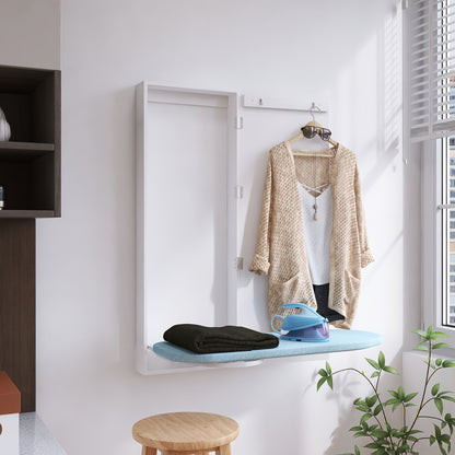 Strijkplankkast – Strijkbordkast – Inklapbare Strijkplank – Muurstrijkplank – Strijktafel – 180° Draaibaar – Wit Hout Met Spiegel