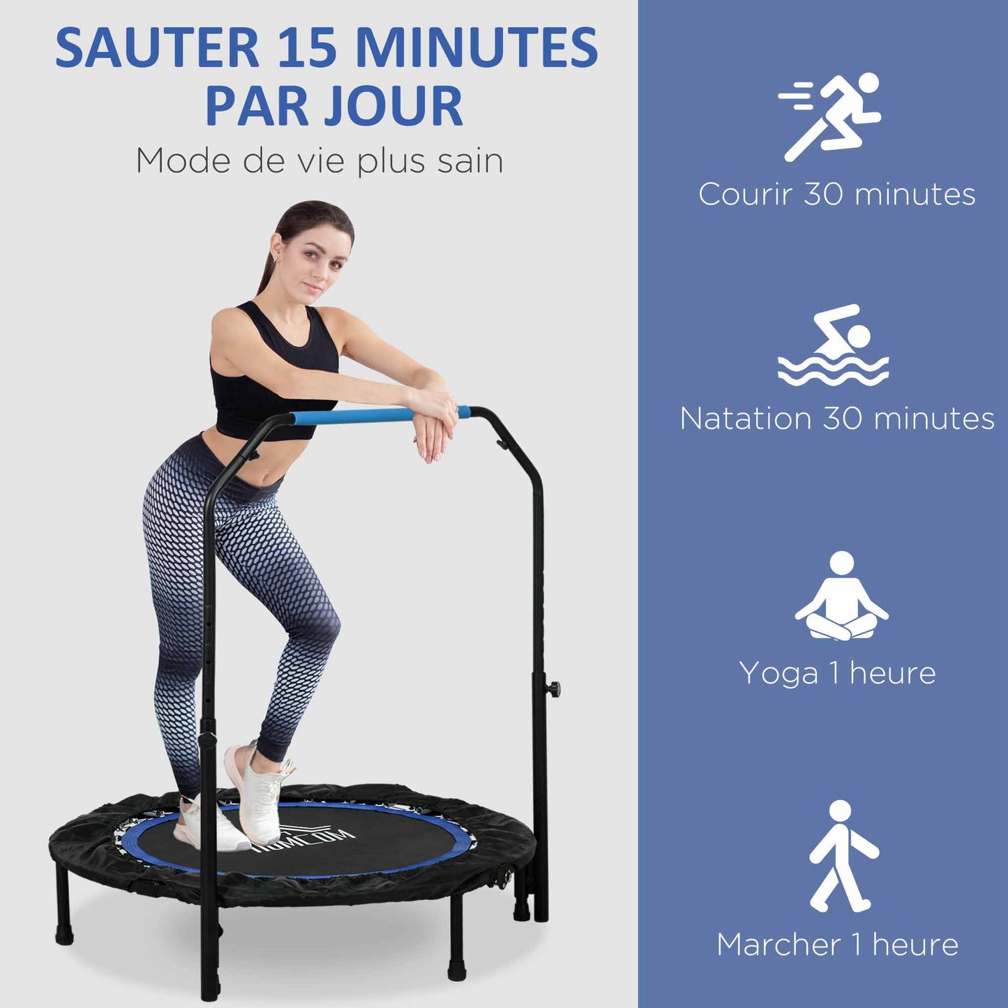 Fitness Trampoline – Gymnastiek Trampoline – Springmat – Opvouwbare Trampoline – Mini Trampoline – Verstelbare Handgreep 99-123 cm – 6 Antislip Poten – Ø102 cm – Zwart