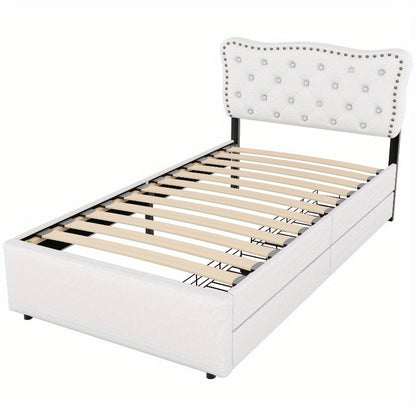 Gepolsterd Bed – Eénpersoonsbed – Slaapbed – Bedframe – Boxspring – Lichtbeige – 90x200 cm – Decoratieve Nagels – Dubbele Lade-opslag