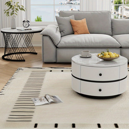 Salontafel Set – Koffietafel Set – Bijzettafel Set – Nestbare Tafels – Ronde Salontafels – Hoogglans Marmerlook – 2 Drawers – 60x60 & 50x50 cm - Wit