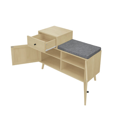 Schoenenbank – Schoenenkast – Schoenenrek – Opbergbank – Halbank – Bohemian Stijl – Rieten Deurtjes – Natuurlijke Houtlook – 3,2 Kuub Opbergruimte – 68,58 cm Hoog