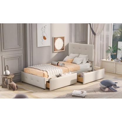 Bedbank – Slaapbank – Logeerbed – Eenpersoonsbed – Bed – Lichtbeige Gestoffeerd – Lattenbodem – 2 Grote Opberglades