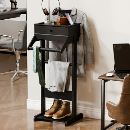 Houten Valet Stand – Kledingrek – Garderoberek – Kleerhanger – Jasstandaard – Zwart Hardhout – Compact Met Plank En Haken