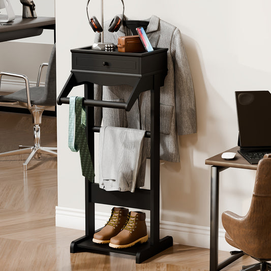 Houten Valet Stand – Kledingrek – Garderoberek – Kleerhanger – Jasstandaard – Zwart Hardhout – Compact Met Plank En Haken