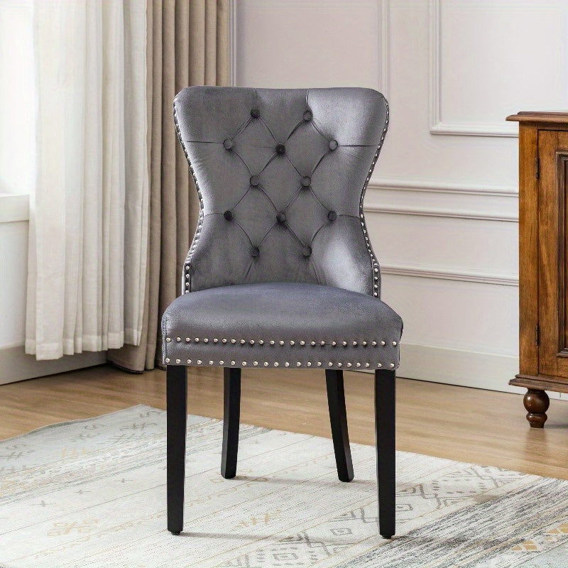Eetkamerstoelen – Stoel – Keukenstoel – Dining Chair – Zitmeubel – Vintage Grijs Gestoffeerd – Knopenrug & Spijkerbeslag – Veerkrachtige Donsvulling & Stevige Metalen Poten