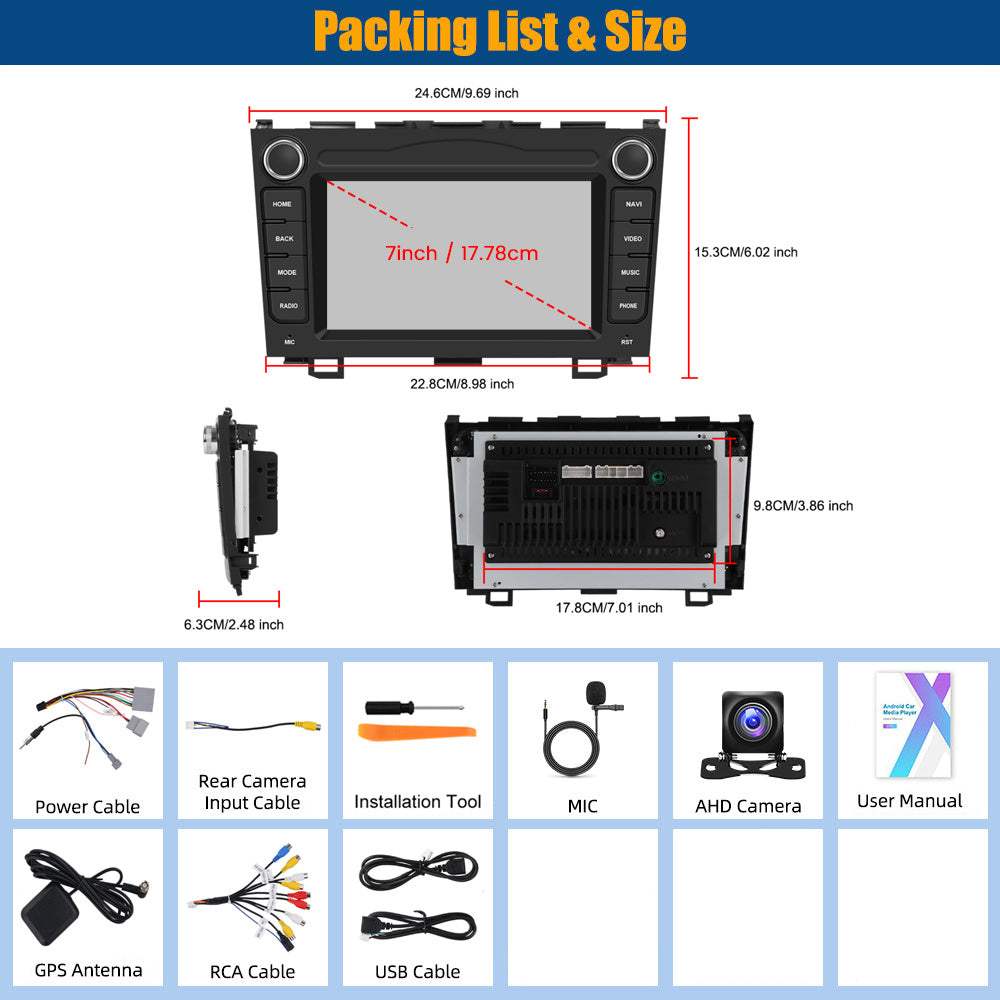 Autoradio Honda CR-V – Car Stereo – Multimedia Systeem – Navigatie – Touchscreen – 7 inch HD scherm – Android 15 OS – Wireless CarPlay & Achteruitrijcamera – 2GB RAM 64GB opslag