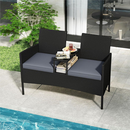 Tuinbank met Tafel – 2-Zits Loungeset – Buitenbank – Terrasmeubilair – Balkonmeubel – Weerbestendig – Met Geïntegreerde Tafel en Comfortabele Kussens – Grijs