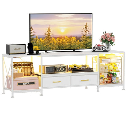 TV Cabinet, Holds Up to 70-Inch TVs with 2 Drawers and 3 Open Compartments, Farmhouse Furniture for Living Room, Solid Wood and Metal Frame, Suitable for Living Room or Bedroom TV Storage Cabinet, 180x40x58cm, White