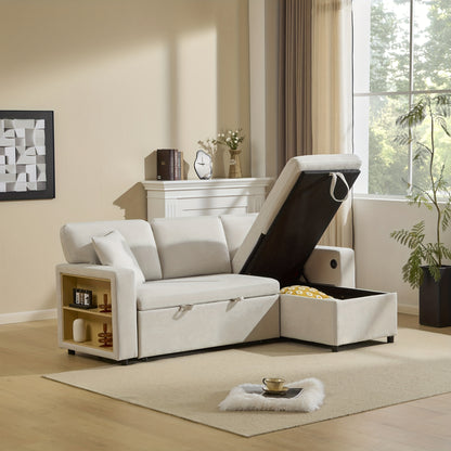 Slaapbank – Bedbank – Logeerbed – Zitzetel – Fauteuil – L-vormig – Opvouwbaar – Licht Beige – Inclusief Opbergruimte – Linnen Stof