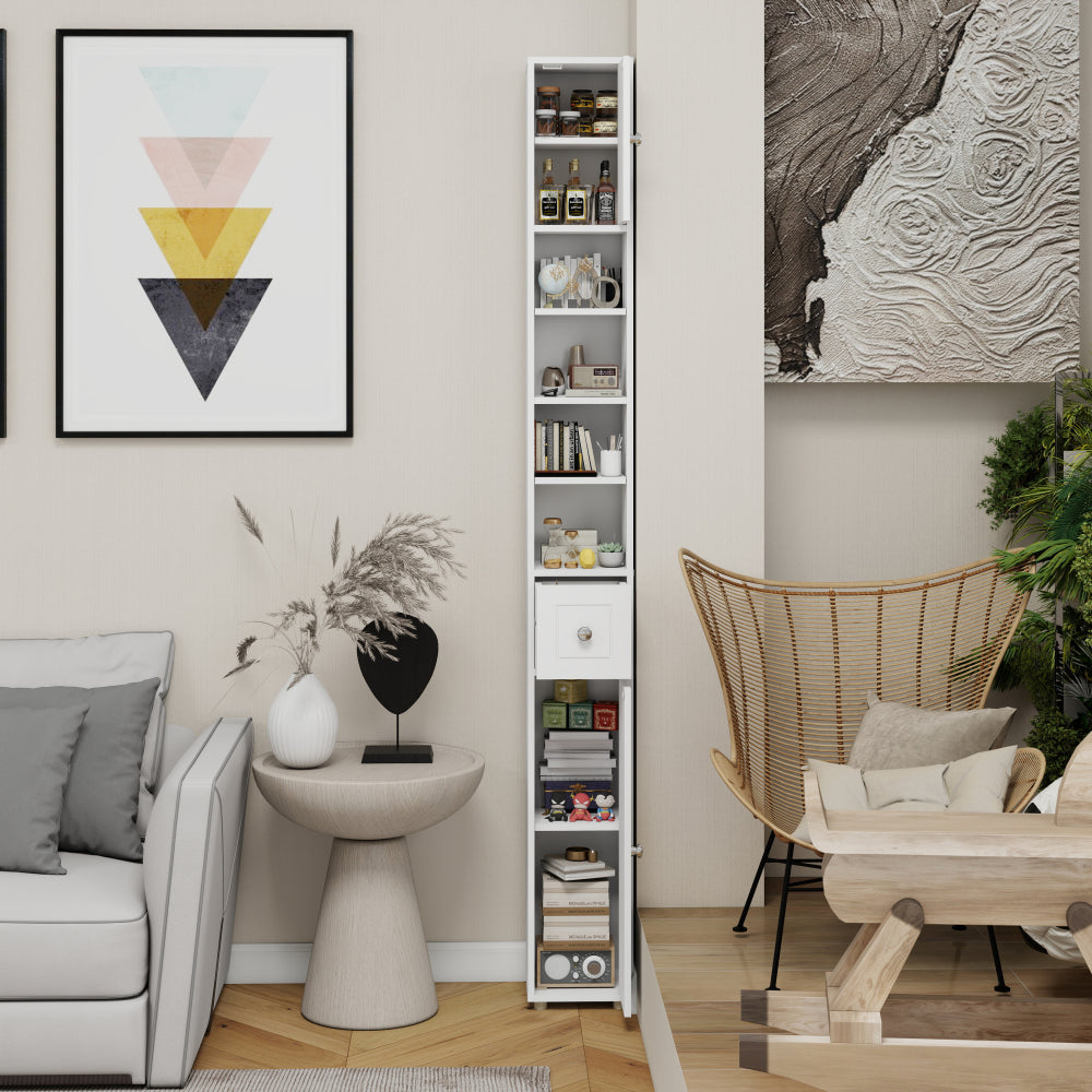 Badkamerkast – Medicijnkast – Kolomkast – Opbergkast – Wastafelonderkast – Hoog en Slank – 180 cm – 2 Deuren, 1 Lade, 4 Verstelbare Planken – Vrijstaand – Wit