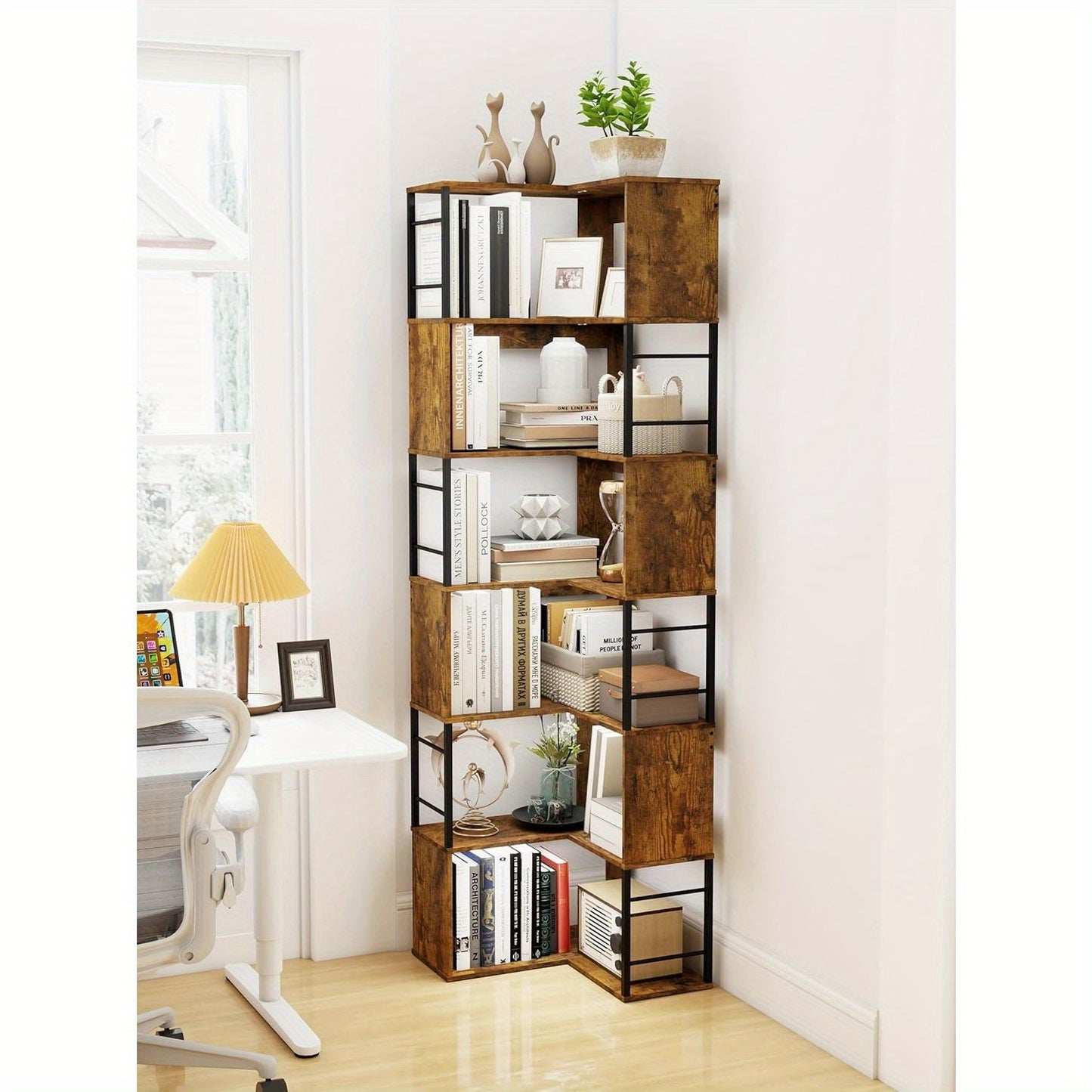 Hoekboekenplank – Hoekrek – Boekenrek – Opbergkast – Boekenkast – Industrieel Design – 7 Lagen – Stalen Frame – 188 cm Hoog – Zwart/Bruin