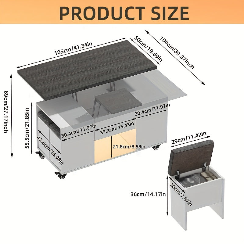 Eettafel – Uitschuifbare Tafel – Verhoogbare Salontafel – Verstelbare Werktafel – Tafeltje Met Krukken – Met Opbergruimte – Stevig Metalen Frame – Modern Grijs