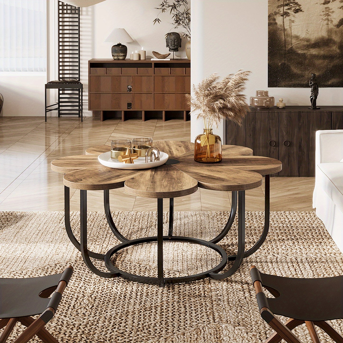 Salontafel – Koffietafel – Bijzettafel – Woonkamertafel – Lounge tafel – Bloemvormig tafelblad – Zwart metalen frame – Ruimtebesparend ontwerp – Diameter 100 cm – Hoogte 50 cm