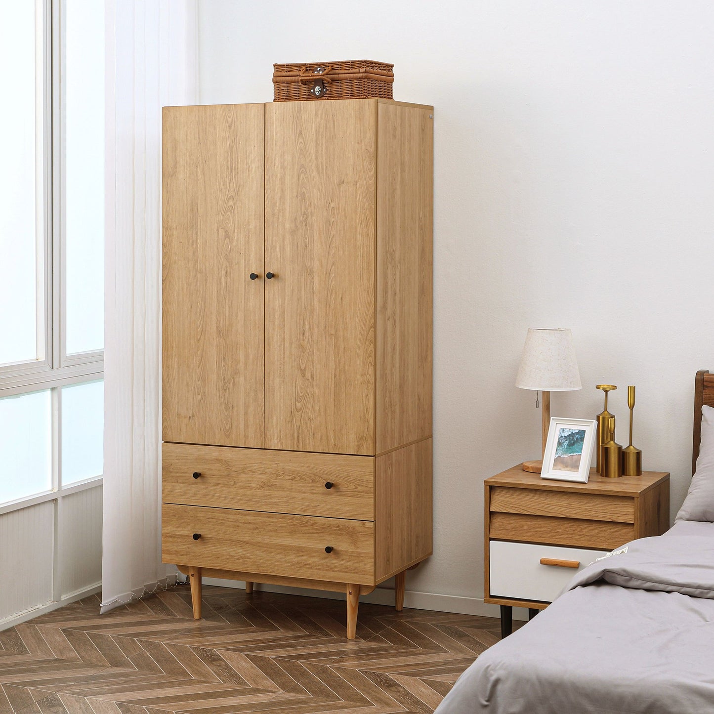 Kledingkast – Garderobekast – Opbergkast – Linnenkast – Kast met Laden – 2-Deurs Met Hangrail – Ruime Opbergruimte – Houten Look – 80x52x180 cm