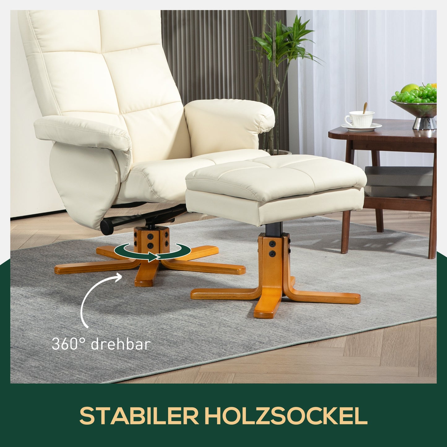 Relaxstoel – Fauteuil – Lounge Stoel – Draaistoel – Zitstoel – Creme – Verstelbare Rugleuning 145° – 360° Draaibaar Met Hocker