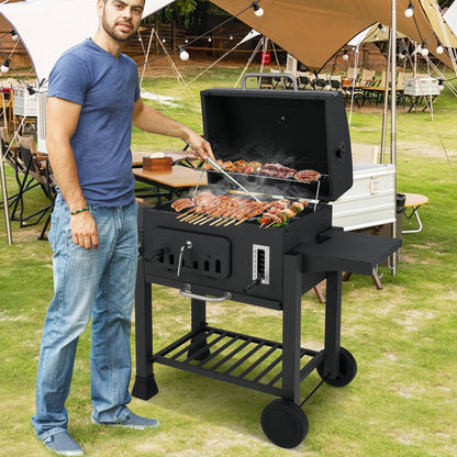 Houtskoolbarbecue – Barbecue Grill – Buitenkeuken – Buitenbarbecue – Kolengril – 24 Inch Grilloppervlak – 6-Stand Instelbare Kolentrog – Met Opvouwbare Zijtafels en Wielen