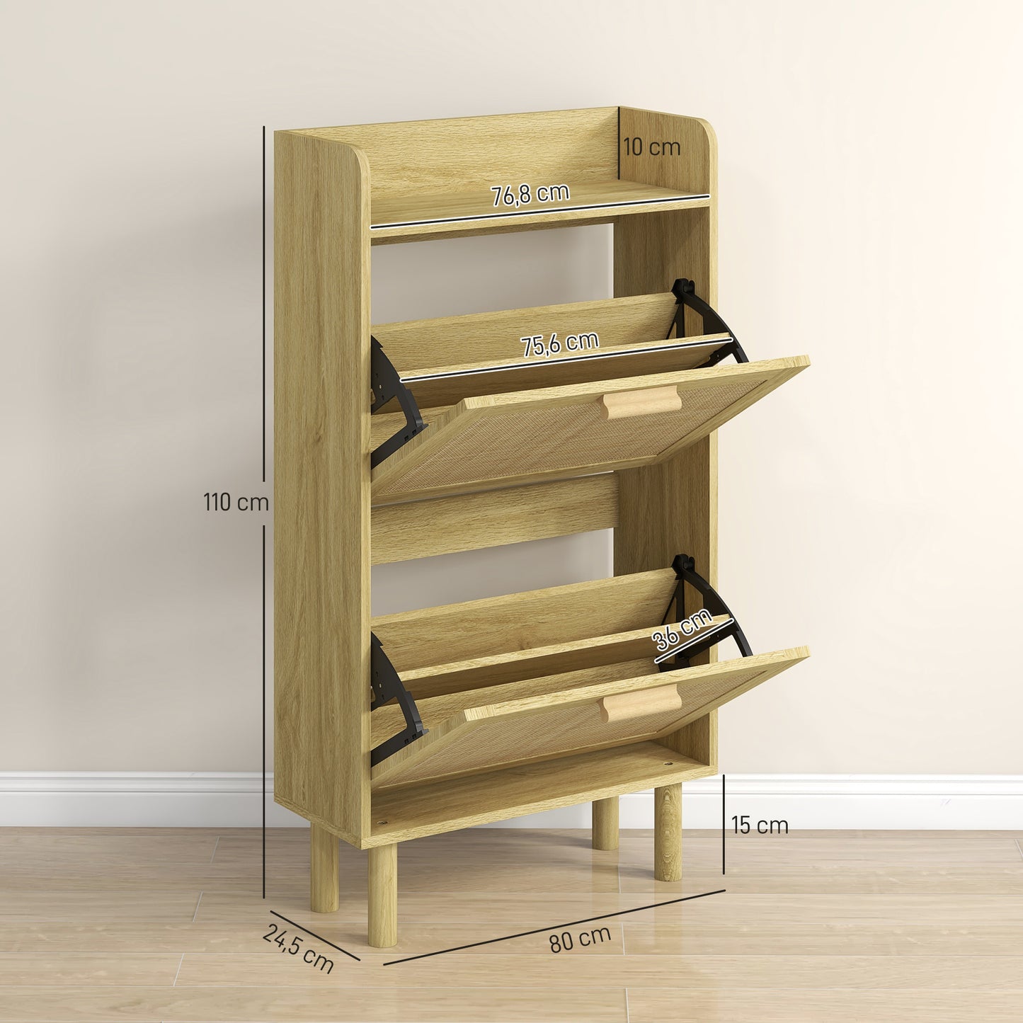 HOMCOM Shoe Rack 2-Door Cabinet 12 Pairs, Woven Rattan Effect Bohemian Design - Dimensions: 80L X 24.5W X 110H Cm Natural