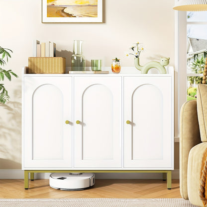 Sideboard – Opbergkast – Dressoir – Keukenkast – Woonkamerkast – Witte Sideboard Met 3 Gebogen Deuren – Verstelbare Planken En Gouden Handgrepen – 30x100x80,5 cm FSC MDF
