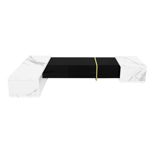 Modern Tv-Meubel – Tv-Kast – Mediameubel – Tv-Dressoir – Entertainmentmeubel – Verstelbare Lengte 140-260 Cm – Draaifunctie Met Witte Marmeroptiek