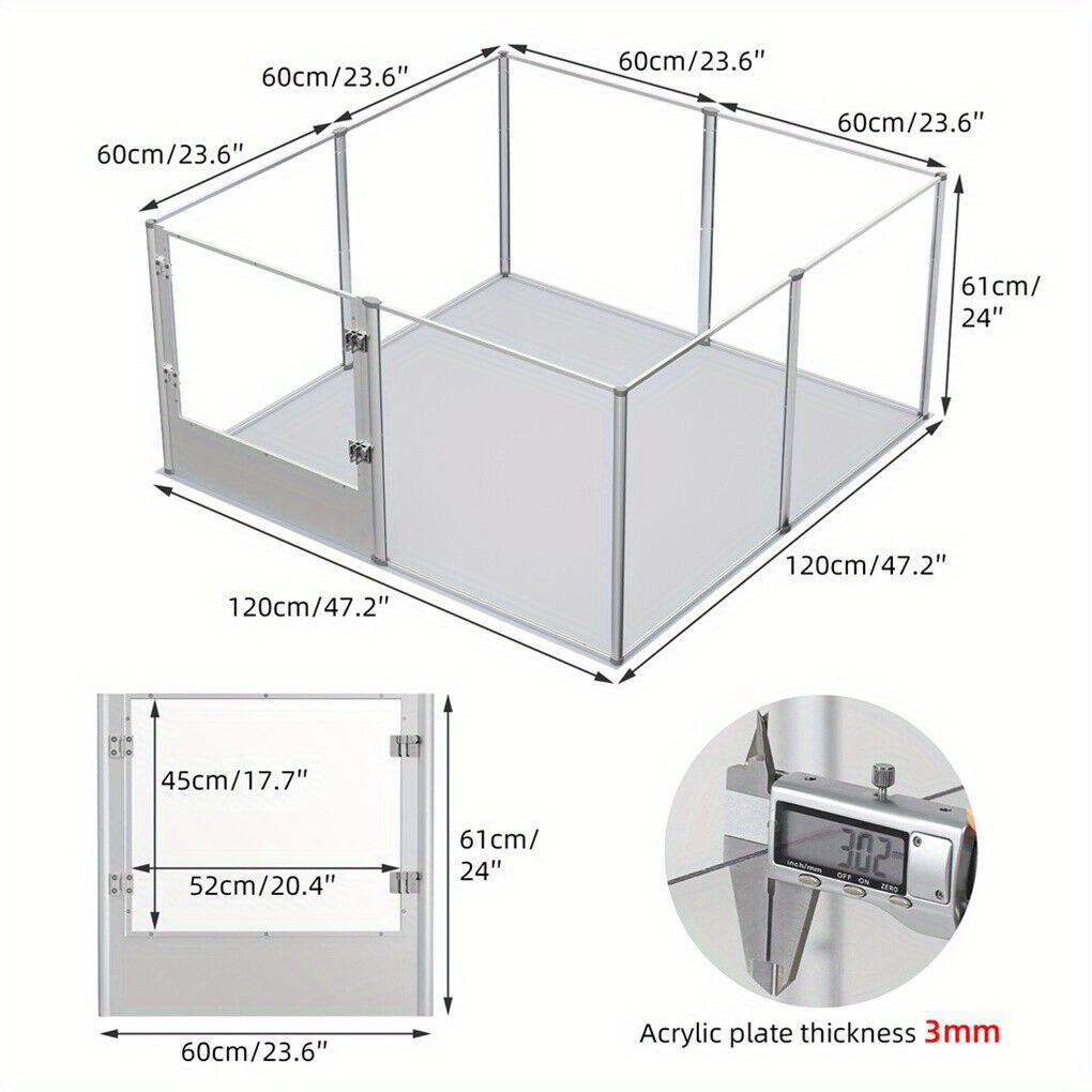 Acrylic Hondenren – Dierenren – Puppyren – Binnenren – Kattenren – Transparant Speelren 120x120x61cm – Waterdichte Onderlegger – Veilige Lock Deur