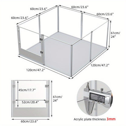 Acrylic Hondenren – Dierenren – Puppyren – Binnenren – Kattenren – Transparant Speelren 120x120x61cm – Waterdichte Onderlegger – Veilige Lock Deur